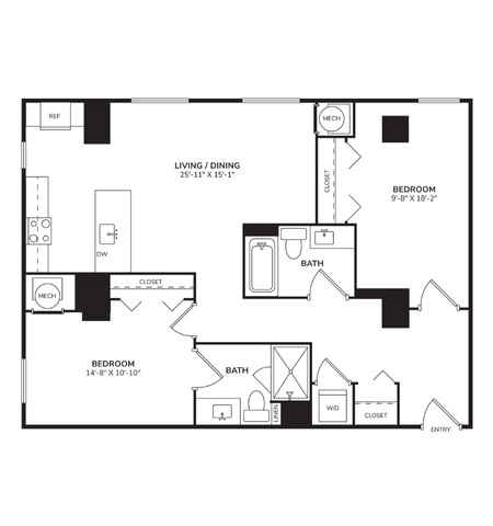 Floor plan for 2 beds, 2 baths, 1222 sqft